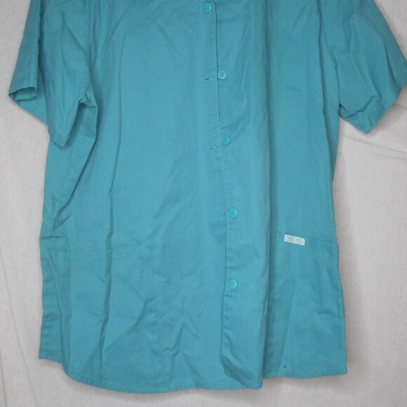 Blue Green Button Front Coat Jacket Scrub Top - Picture 2 of 6